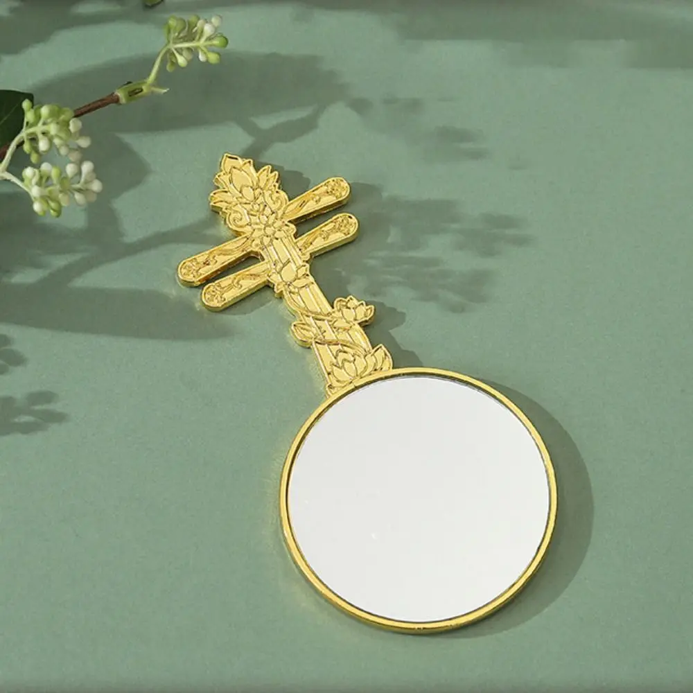 Mini Portable Handheld Makeup Mirror Round Metal Cultural Creative Mirror With Handle Ancient Style Mirror Travel