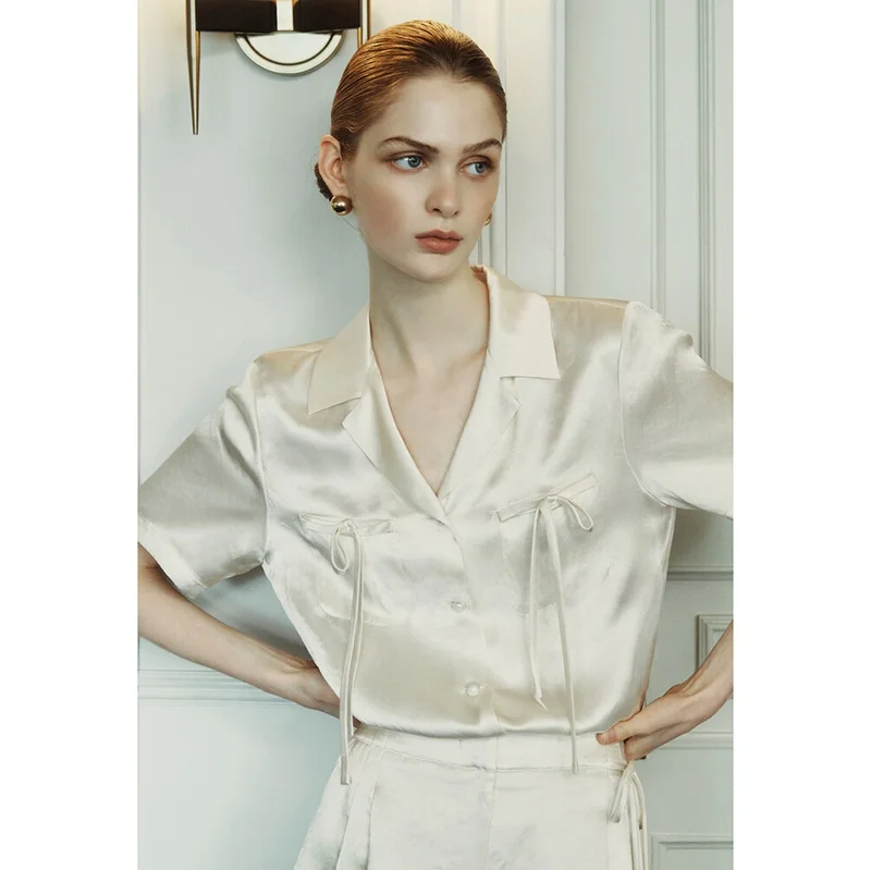 

Silk Feel irt Collar Knot Commute Versatile Ele Top Korean Sle Button Detail Anti-Wrinkle ort Sve