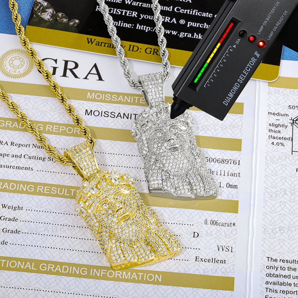 

ESKEEM Подвеска из стерлингового серебра 925 пробы с муассанитом и фианитами (имитация бриллиантов), прошедшая проверку на подлинность, в виде головы Иисуса, для мужчин и женщин