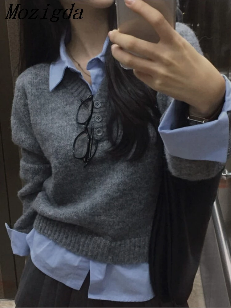 

Поддельный комплект из двух предметов, вязаный отложной свитер, джемпер, женский корейский шикарный женский свитер с длинными рукавами, джемпер Pull Femme