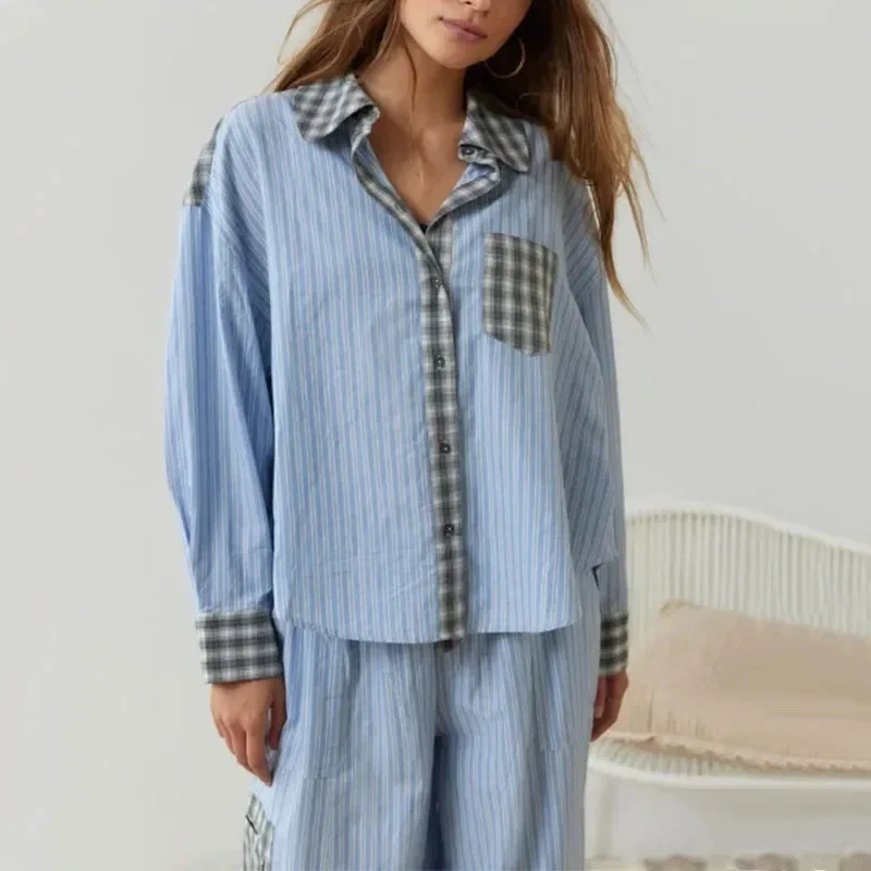 Spring Autumn Women Plaid Pajama Sets Female Casual Homewear Long Sleeve Shirts+Pants 2 Pieces Suits Nightwear Loose Sleepwear