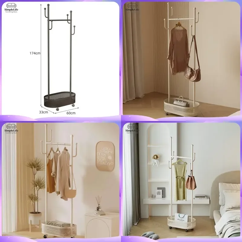 Modern Metal Floor to Ceiling Coat Rack with Shoe Shelf Portable Clothes Hanger Stand Living Room Bedroom Home Storage