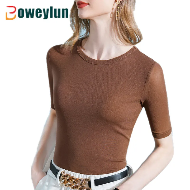 

Boweylun Medium Sleeve Mesh Crew Neck Solid T-Shirt Women's Summer Stretchy Skin-friendly Breathable Half Sleeve Tops Female