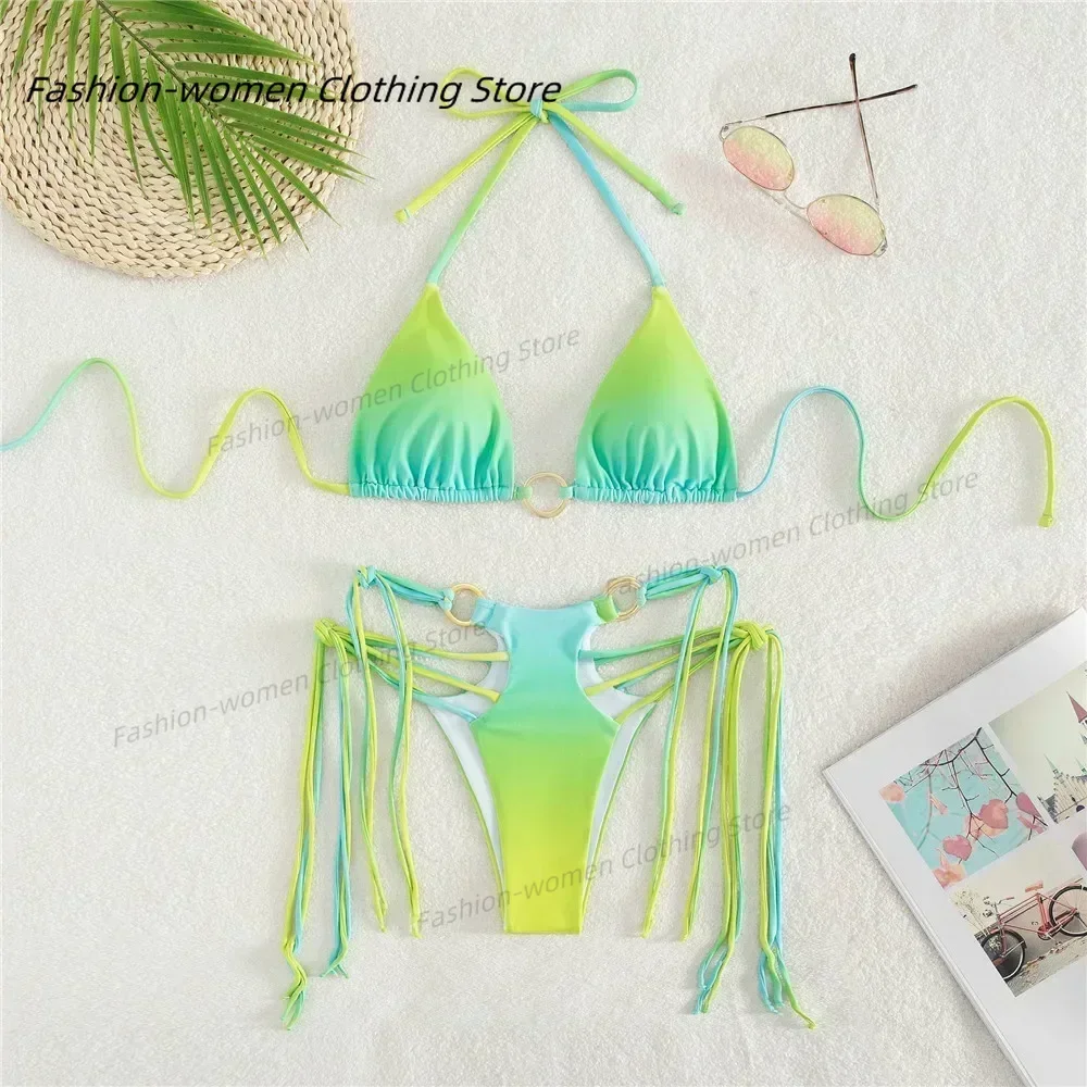 Sexy Gradient Tie Dye Print Micro Thong Bikinis Set Swimsuit String Halter Swimwear Swimming Suit for Women Bikini Mujer Biquini