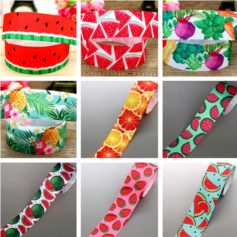 38mm 5yards Fruit Watermelon Cherry Lemon Printed Grosgrain Ribbon Accessories Headwear Decoration Collar DIY Sewing Craft E2225