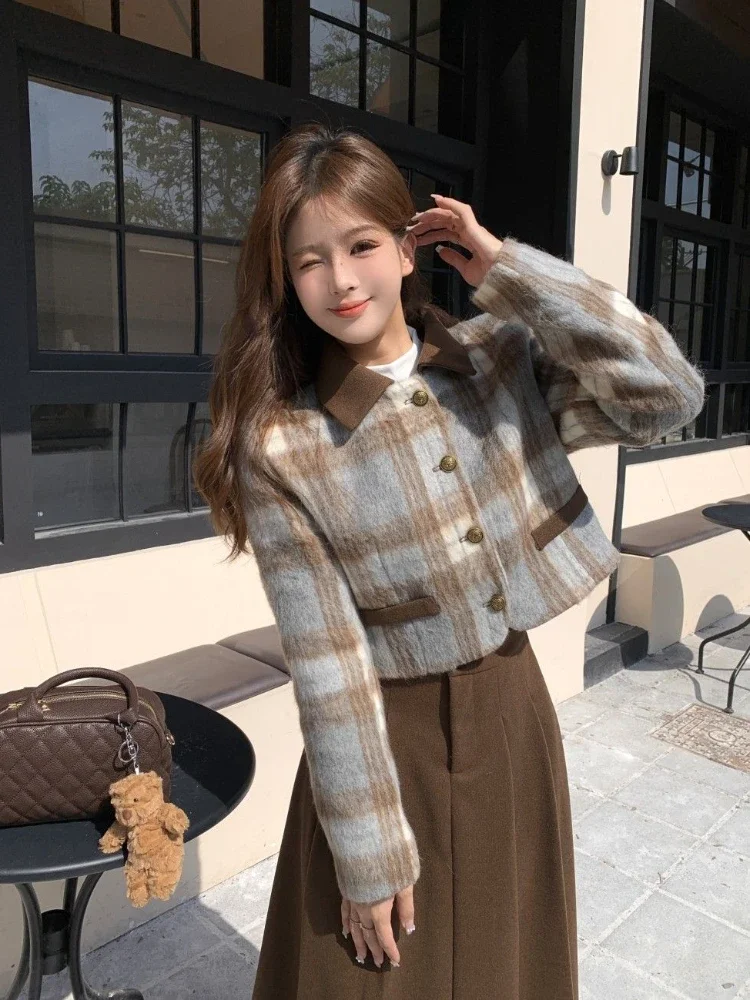 Korean Winter Outer Vintage Plaid Short Jacket Turn Down Collar Coat Pleated Long Skirt Fashion Elegant Two Piece Set for Women