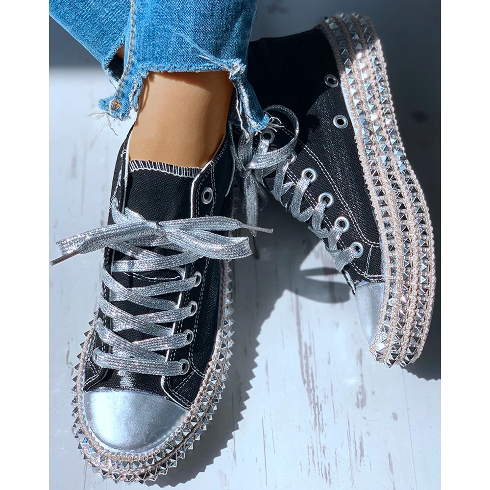 Women Eyelet Lace-up Round Toe Studded High Top Canvas Shoes Autumn Women Casual Daily Flats Sneakers Korean Style Spring Autumn