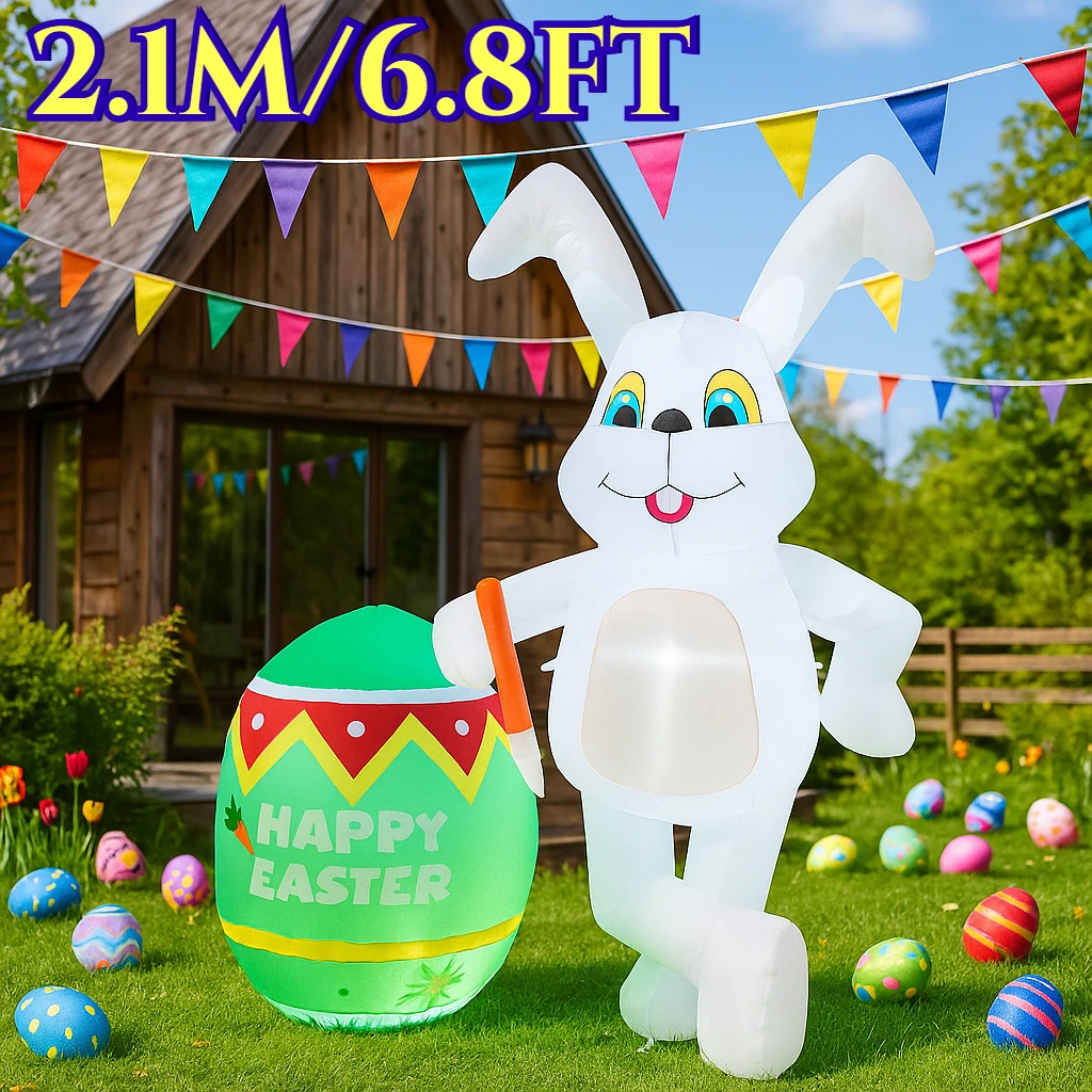

2,1 м/6,8 футов счастливой Пасхи, надувные игрушки, кролик, сидит на грибах, декор, встроенная светодиодная модель, уличный сад, вечерние украшения