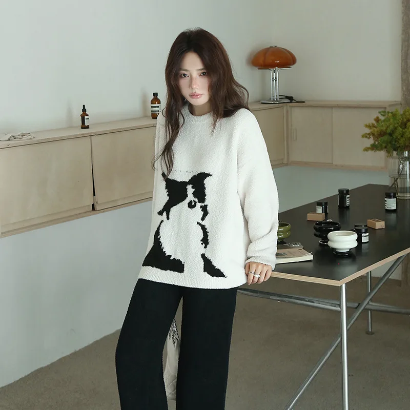 set-pigiama-invernale-morbido-per-donna--maglione-con-stampa-a-tema-canino-design-a-blocchi-di-colore-bianco-e-nero-abbigliamento-da-casa-caldo-e-confortevole