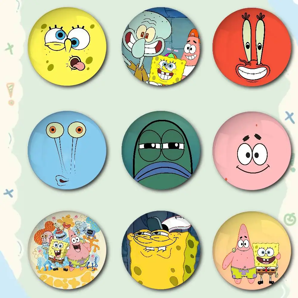 Funny S-SpongeBob-Es Premium Tinplate Round Lapel Pins: Cute Badge Brooches For Shoulder Bag Accessories, Souvenir Gifts