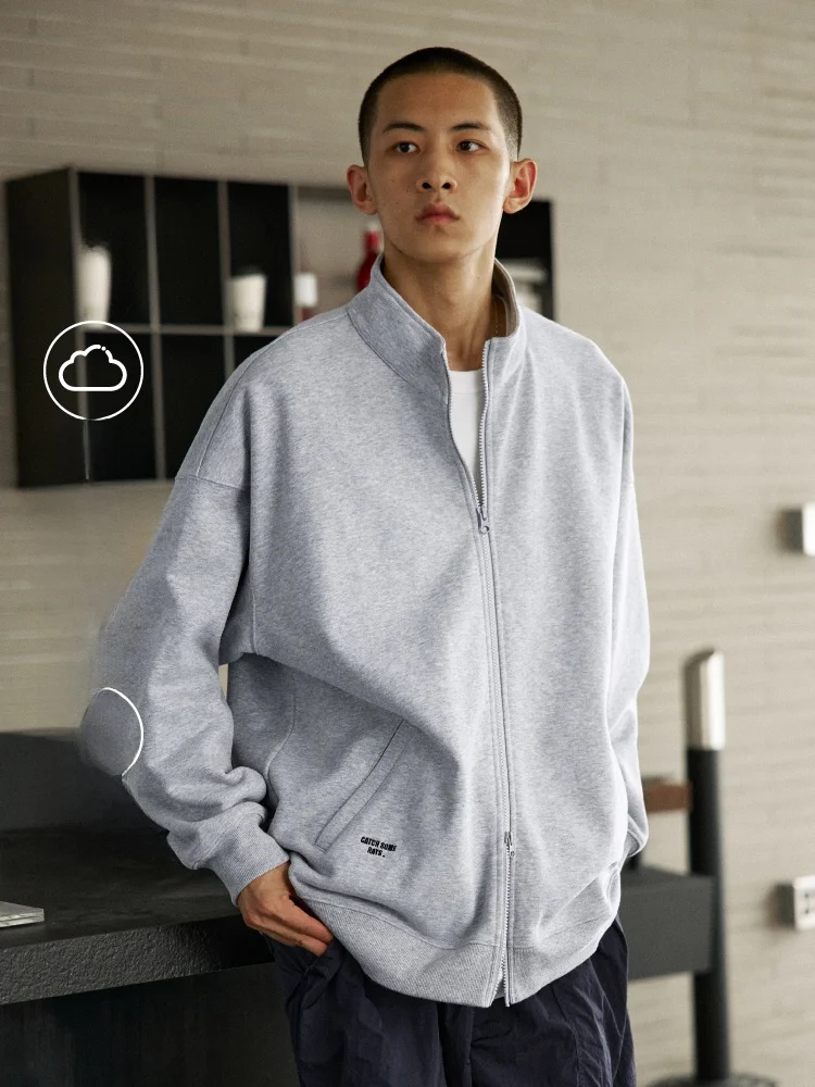 

ay Stand Collar Open Cardigan Sweatirt Men's No Cap Heavyweight Sport Zipper Jaet Casual Loose Fit Spring Autumn