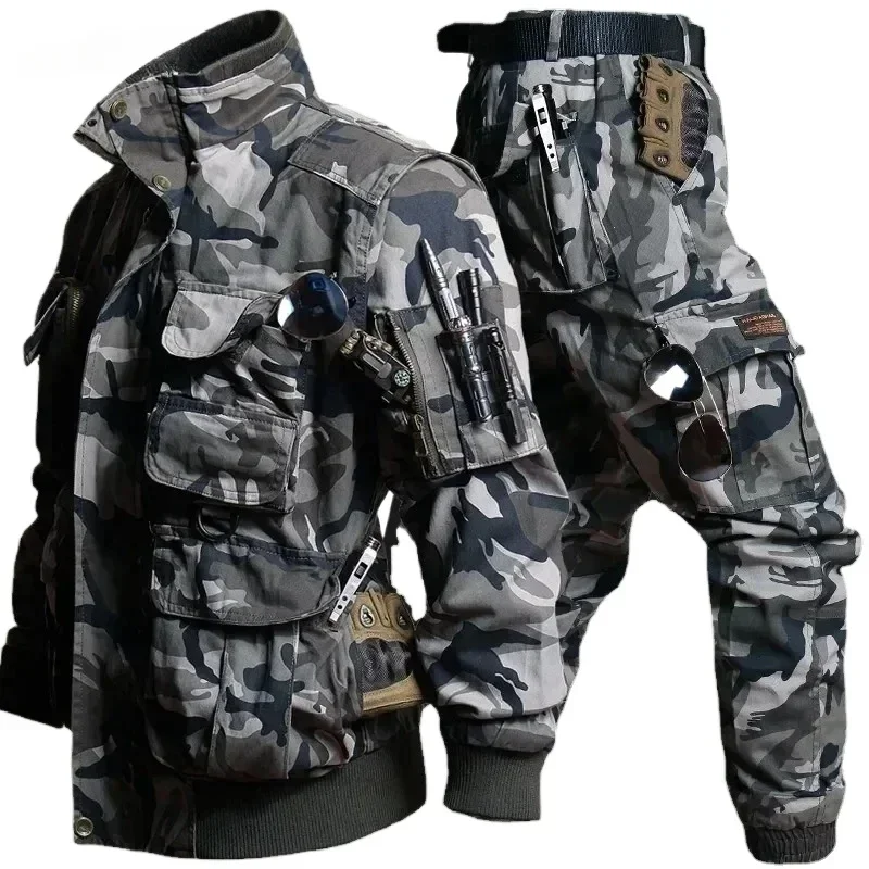 

High Quality Hunting Cargo Sets Men Outdoor Multi-pocket Jackets+Hiking Windproof Pants 2 Pcs Suits Wear-resistant Tactical Set