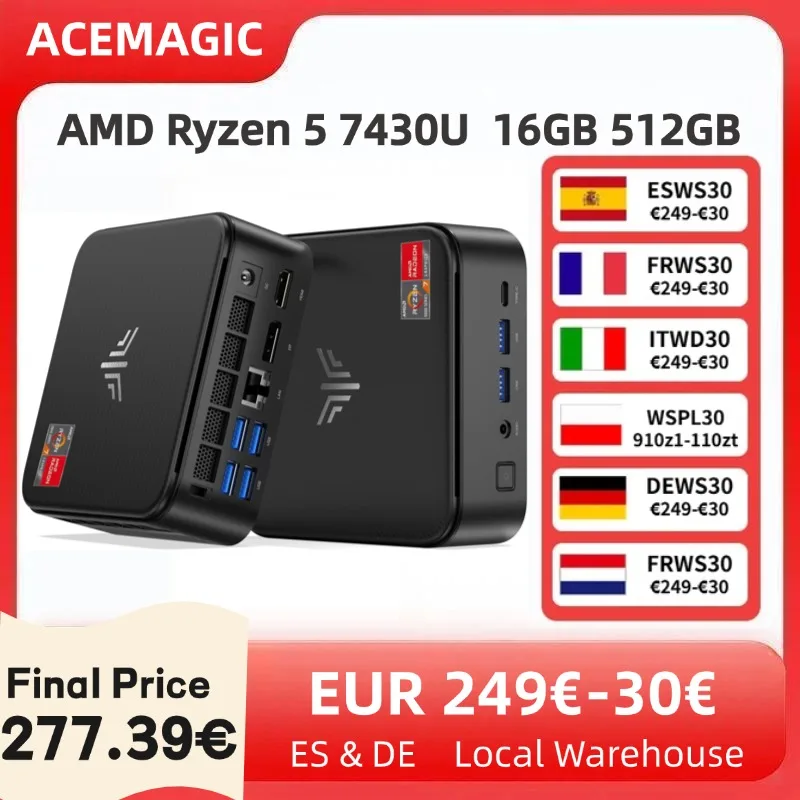 ACEMAGIC E3B MINI PC AMD Ryzen 5 7430U 6-Core krachtige computer 16GB DDR4 512GB M.2 2280 SSD Wifi6 BT5.2 4K 60Hz UHD WiFi 6 Windows 11