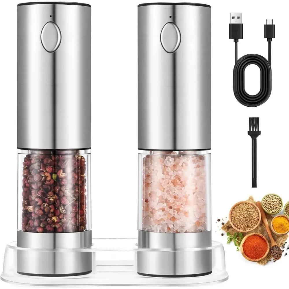 Electric Salt and Pepper Grinder Set, USB Rechargeable, Adjustable Coarseness, Large Capacity, Auto Grinders with LED Light