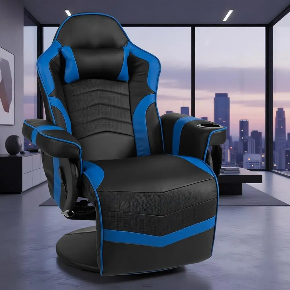 كرسي ألعاب مريح من جلد البولي يوريثان مع مساج ومسند للقدمين وحامل أكواب وجيب جانبي، أزرق داكن