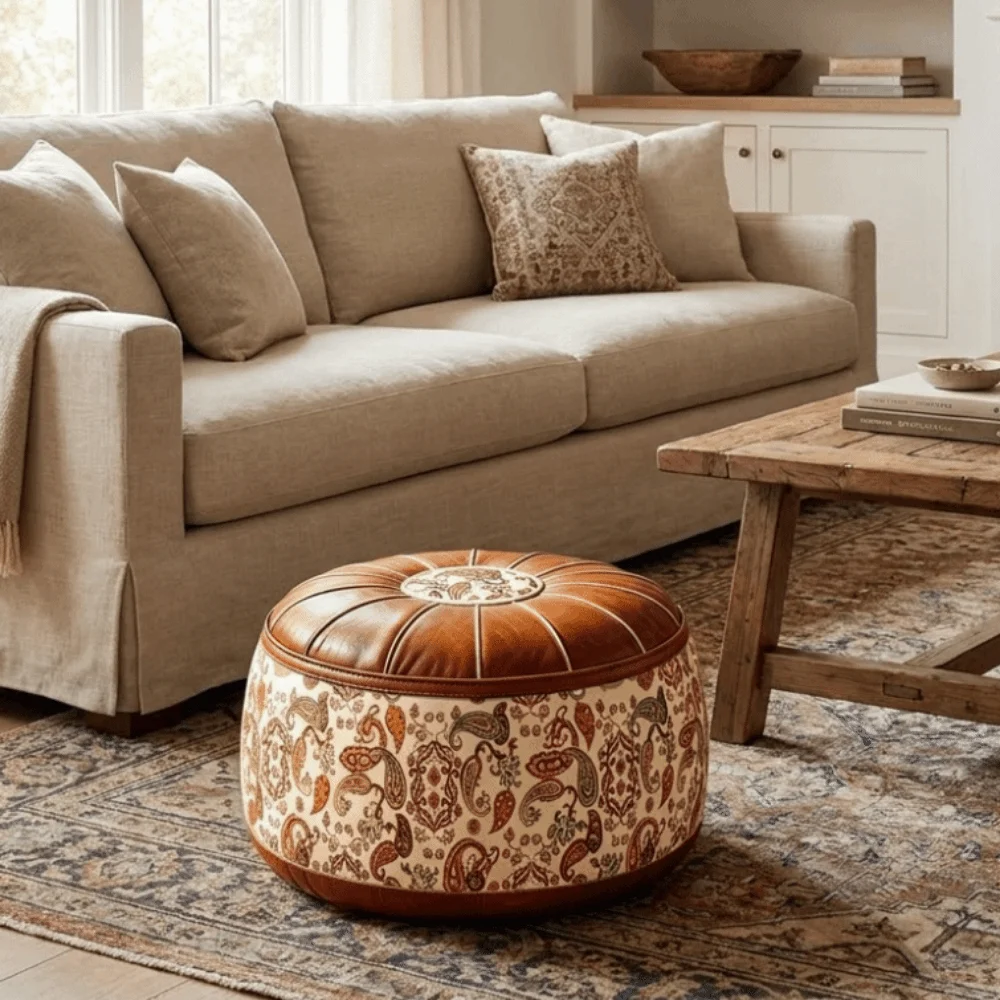 Large Opening PU Leather Seat Cushion Cover Unstuffed Large Capacity Sofa Stool Cover Space-Saving Folding Pouf Cover Bedroom