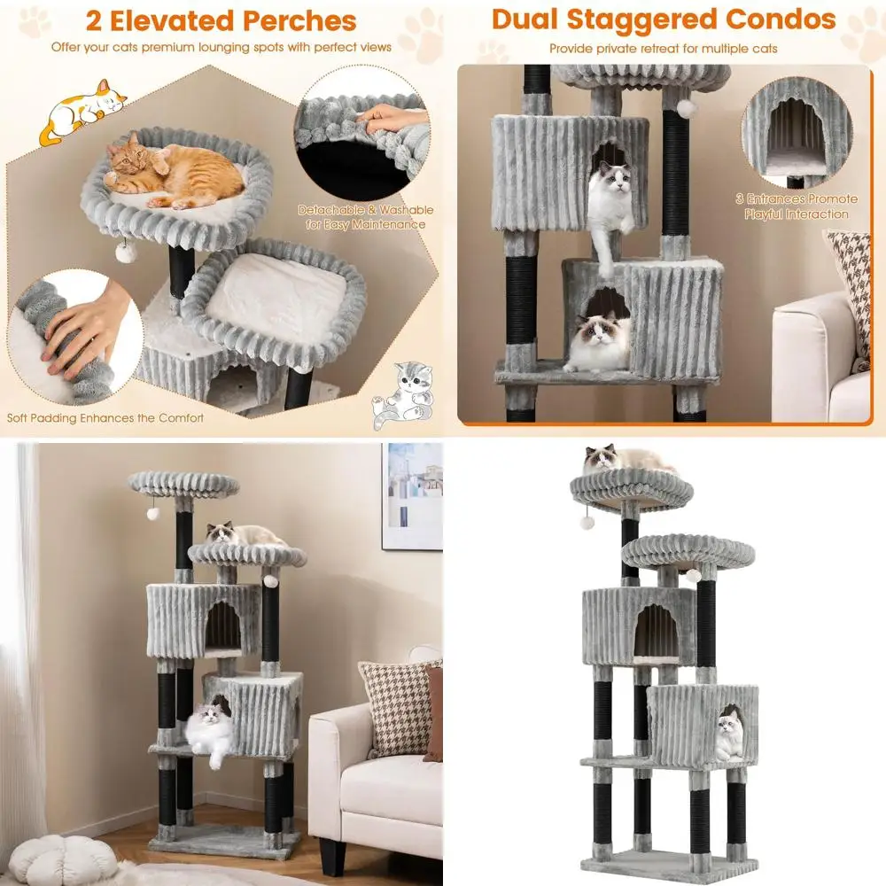 

62 Tall Cat Tower with Scratching Posts, 2 Condos, 2 Beds, Jingle Balls, Soft Covering for Indoor Cats