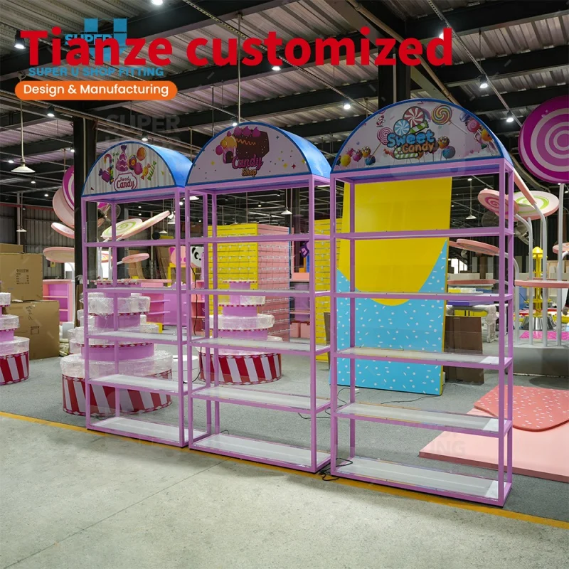 

(Customized) Candy Shop Decor Candy Retail Display By Shape Lollipop Sugar Display Rack Led Light Colorful Candy Display Shelves