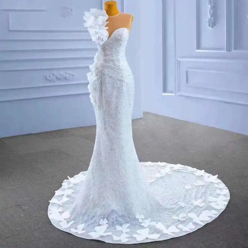 

Classic Graceful Mermaid Wedding Dress With 3D Floral Appliques Sweep Train Lace Perals Princess Customized Vestidos De Novia