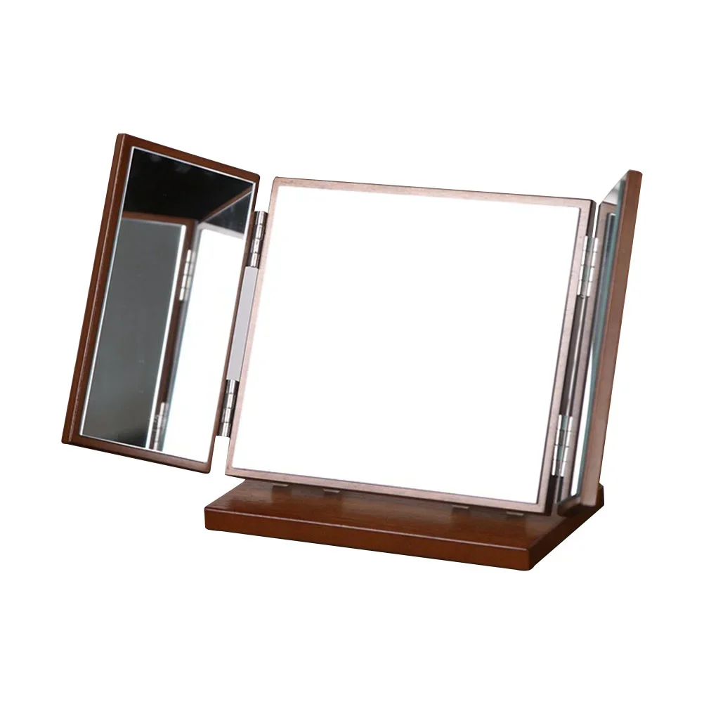 Foldable Three Sided Wooden Base Mirror Wood Carve Pattern Desktop Cosmetics Vanity Beauty Skin Care Tools Makeup Mirrors