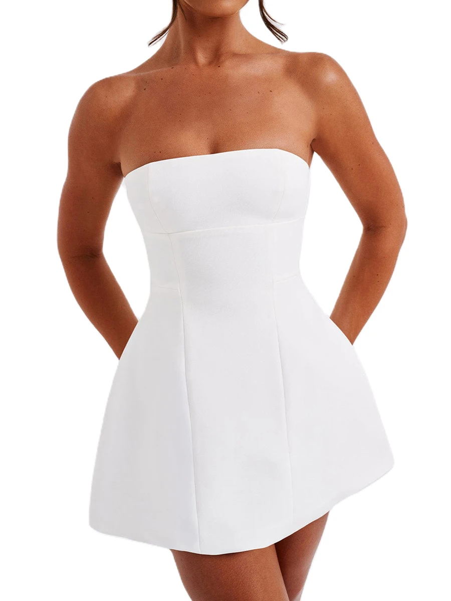 Vrouwen Strapless Tube Top Mini Jurk Backless Solide Slim Fit A-Line Off Shoulder Swing Cocktail Party Jurk Clubkleding