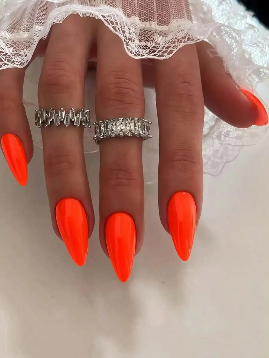 24pcs Almond Shaped Nail Tips - Glossy Orange-Red Medium-Long Artificial Nails, Suitable For Women, Spring/Summer Daily Wear And