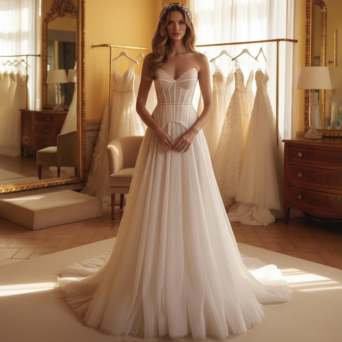 

Elegant Pearl Lace Ball Gown Wedding Dresses For Women Vestidos Novia Sweetheart Puffy Long Bridal Party Gown With Train