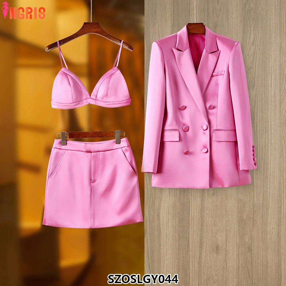 

High Quality Satin Blazer with Bra and Skirt Womens Style 3 Piece Set Sehe Fashion-SZOSLGY044