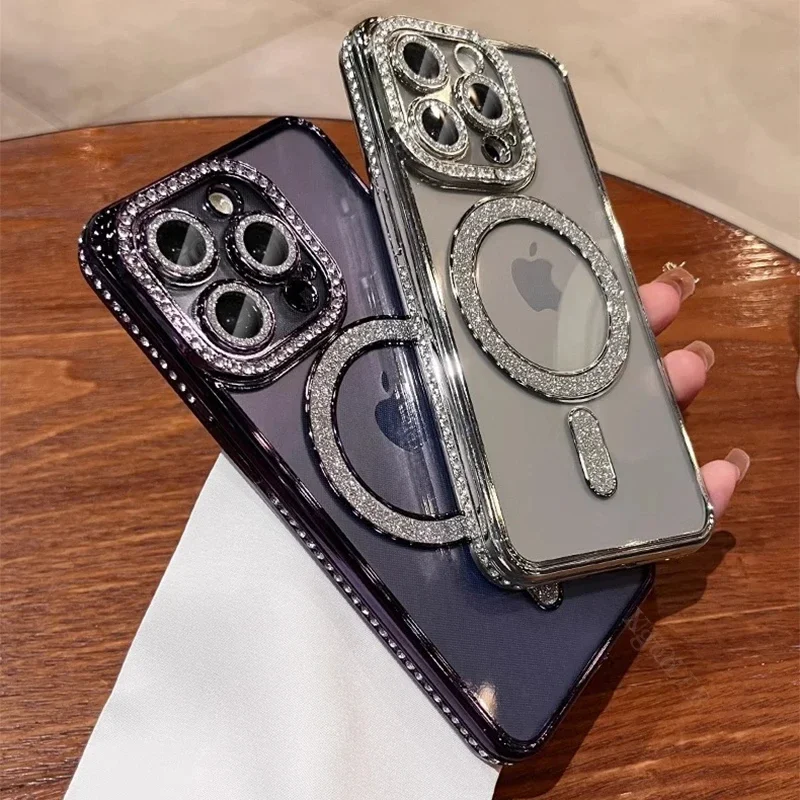 Fashion Girl Pink Crystal Glitter Transparent Magnetic Case For iPhone 15 11 12 13 14 Pro Max Wireless Charging Diamond Cover