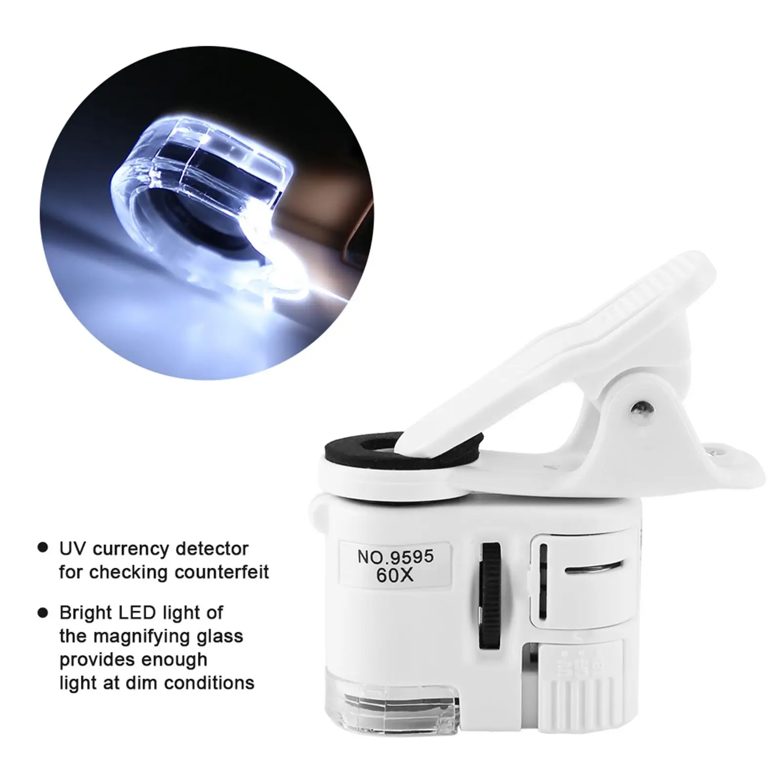 Lente d'ingrandimento 60X con mini microscopio a clip a luce UV LED per telefoni cellulari Lente portatile portatile per ispezione ravvicinata