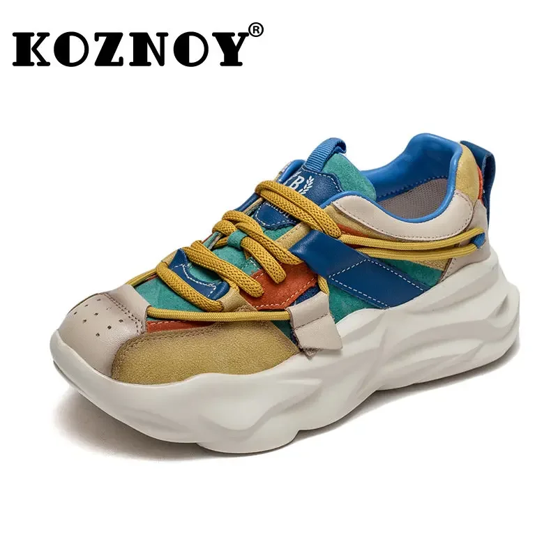 Koznoy Platform Sneakers Chunky 5cm Genuine Leather Wedge Women Mixed Color Fashion Casual Autumn Spring Comfy Moccasins Shoes