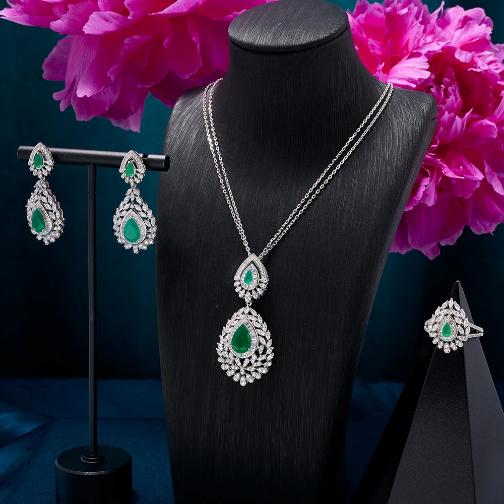 TIRIM 3Pcs Necklace Sets for Women Jewelry Cubic Zirconia Double Chain Necklace /Earrings /Ring Dubai Bridal Party Jewelry