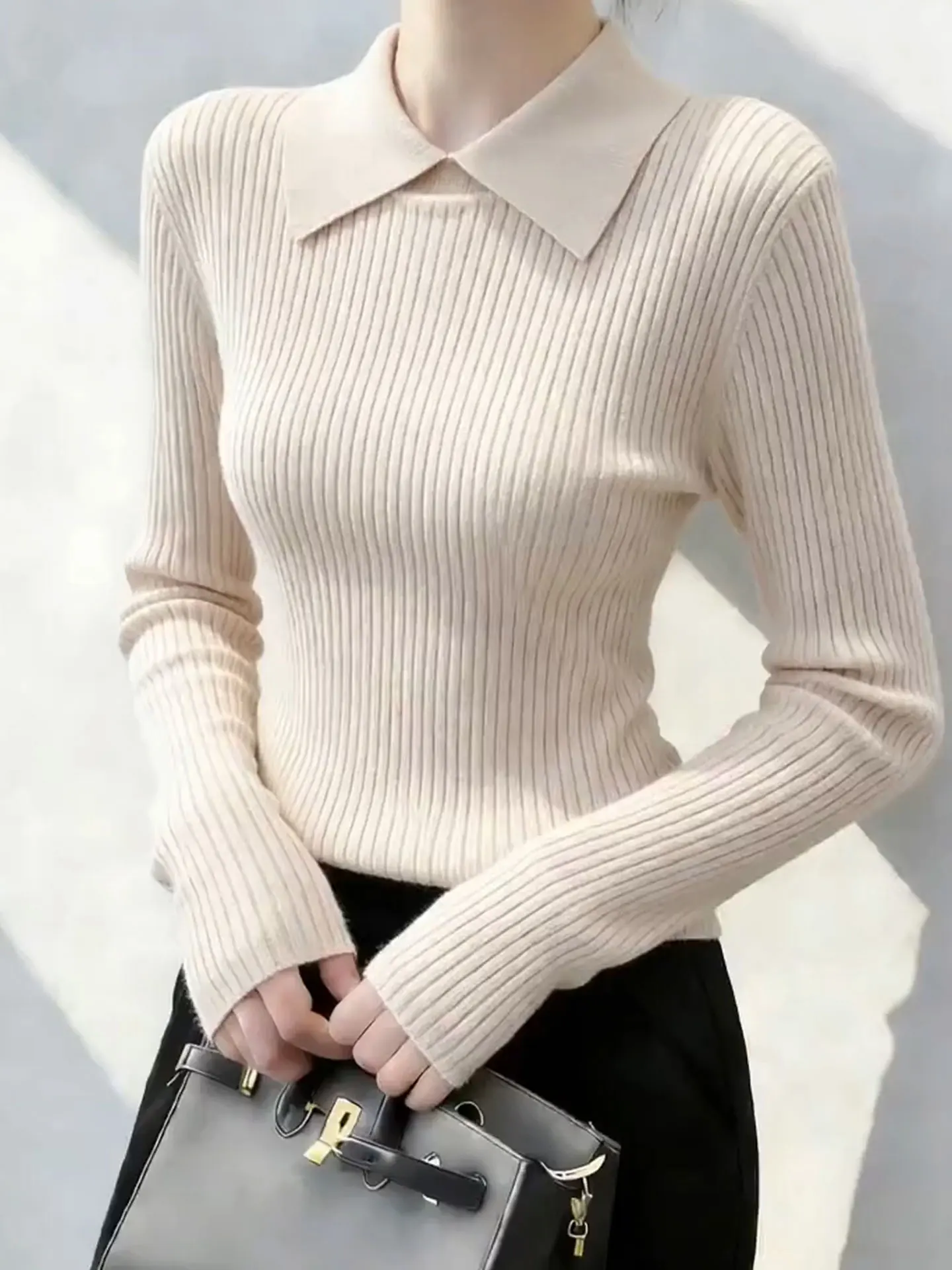 

Вязаная кофта Ele Long Sve с отложным воротником, однотонная, удобная, теплая, базовый слой, модный приталенный топ для весны