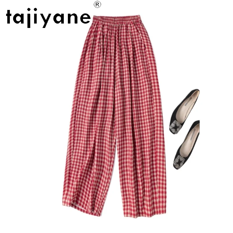 

TAJIYANE 76% mulberry silk Pants Woman Fashion Casual Baggy Pants Summer Red and White Checked Trousers 2025 Dry Silk Clothes