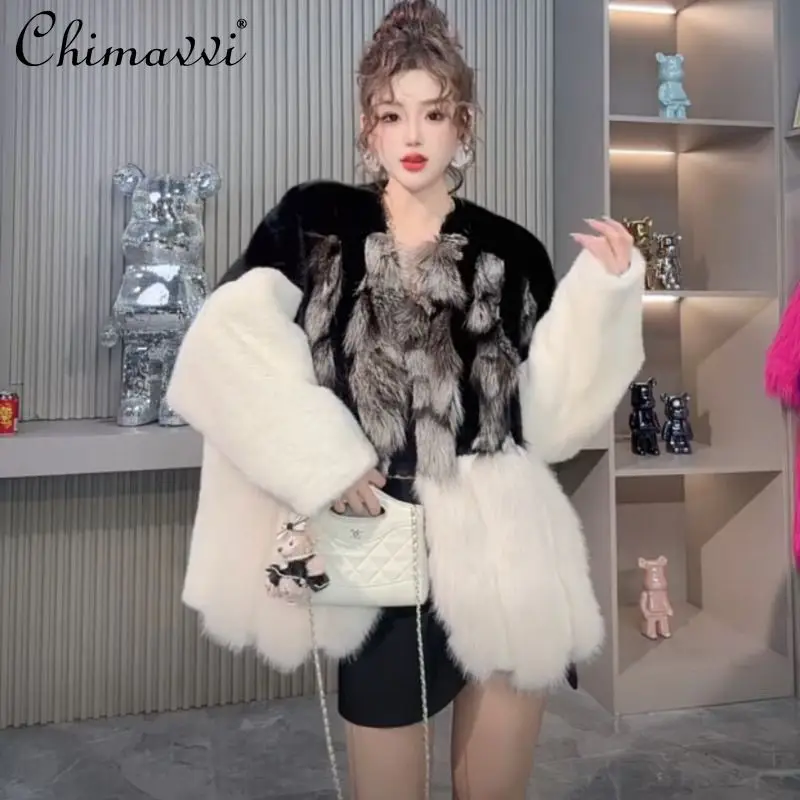 2025 شتاء جديد الراقية مصمم الأزياء كتلة اللون معطف ضوء الفاخرة المرأة الثعلب الفراء المرقعة كم طويل دافئ أنيق الفراء #3