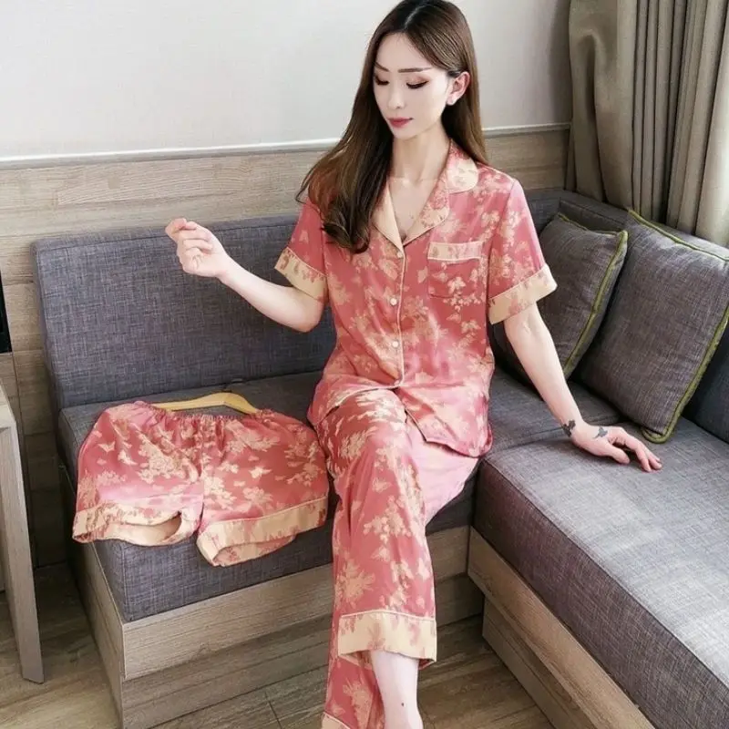 

Silk Pajamas Sets Women's Summer Chinese Style Short Sleeve Print Sleepwear Two-piece Suit Thin Light Luxury Chiffon Loungewear