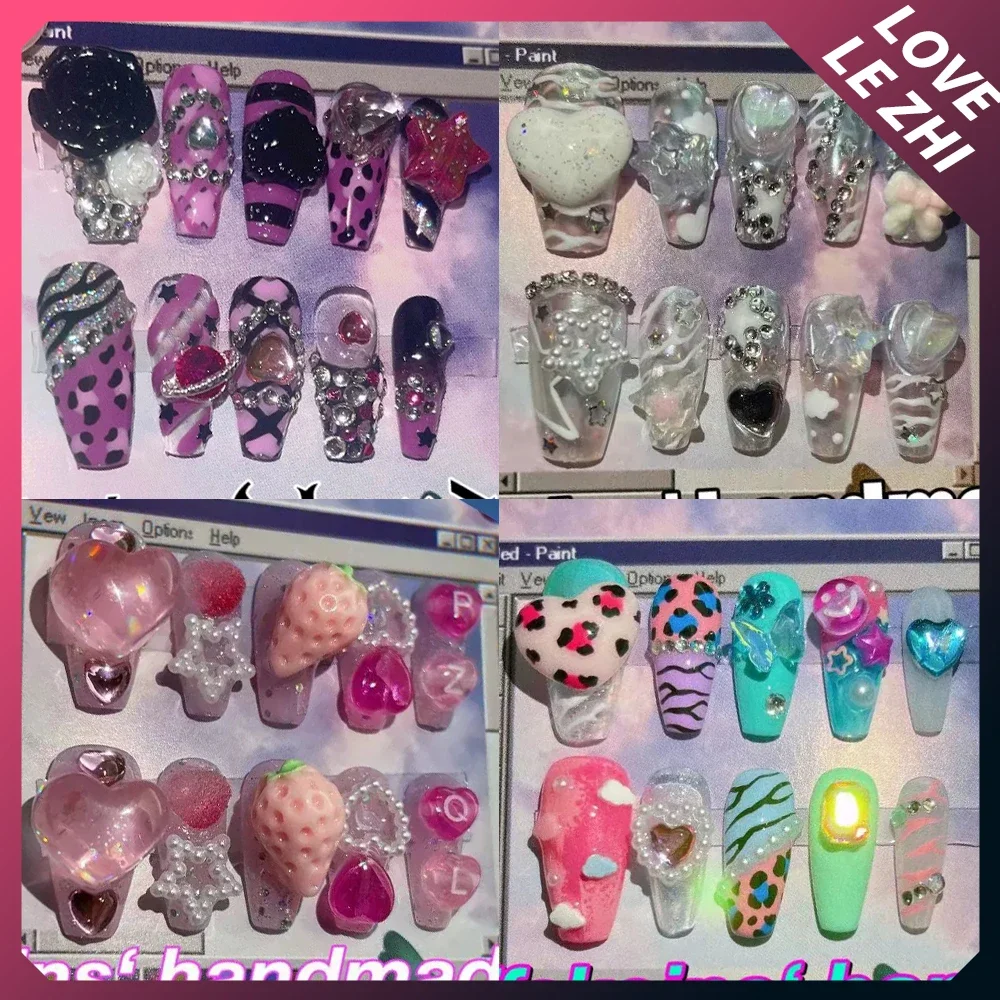 

Sweet Cool Candy Color Series Handmade Coffin Square Round Fake Nails Glitter Diamond Sequins Pearl Strawberry Press On Nails