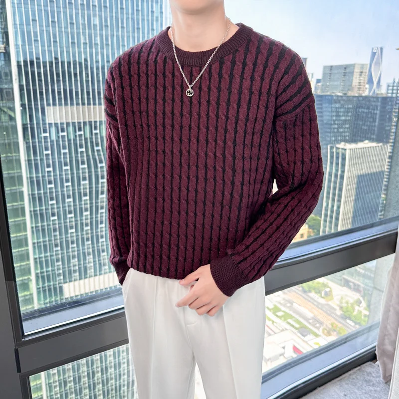 Autumn Winter Men's Twist Knitted Sweaters O-Neck Thick Warm Pullovers Dropped Shoulder Sleeve Vintage Casual Jumper for Man