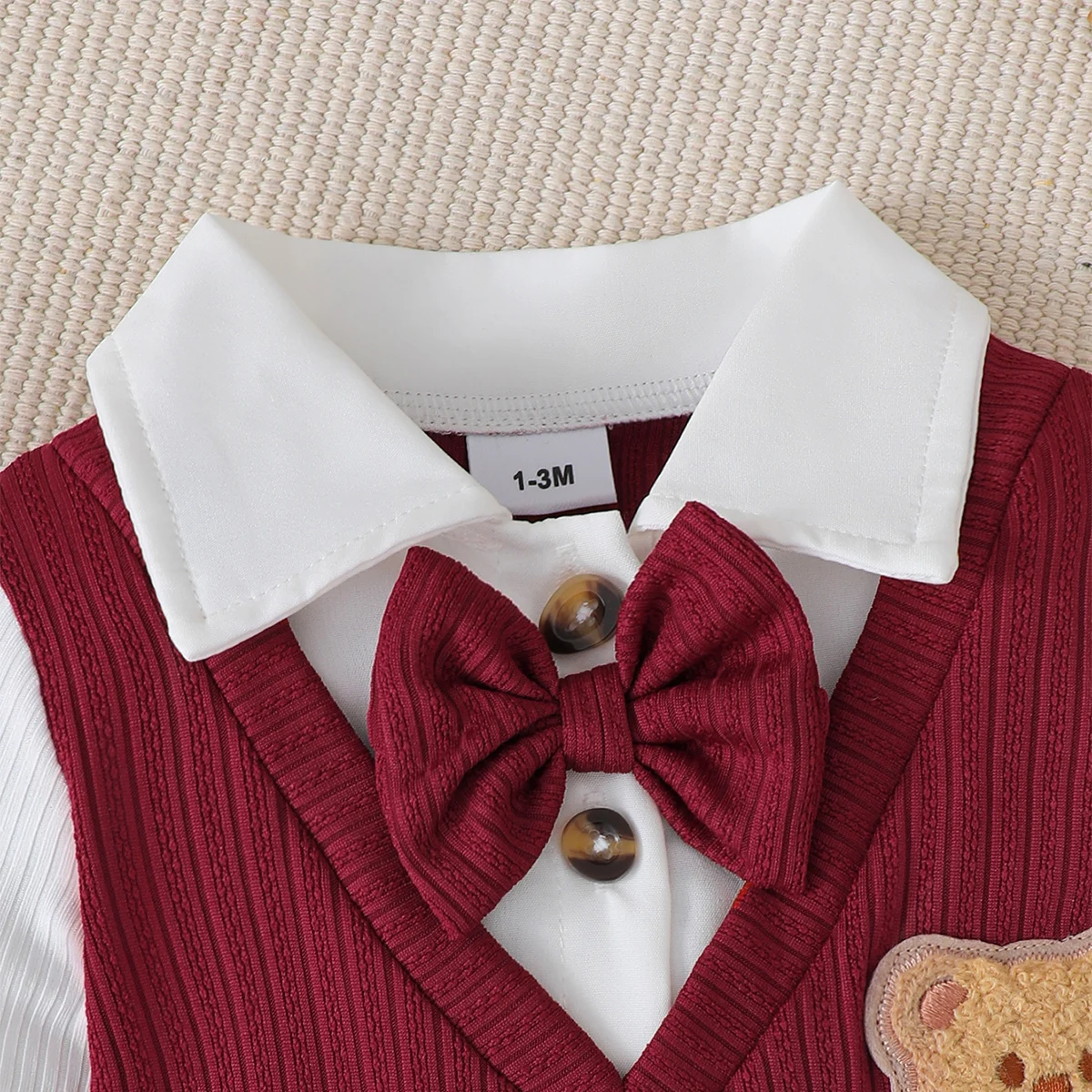 Baby Boy Christmas Jumpsuit with Collar and Bow, Color Blocked Teddy Bear Jumpsuit for 0-18 Months Baby Boy Party Jumpsuit