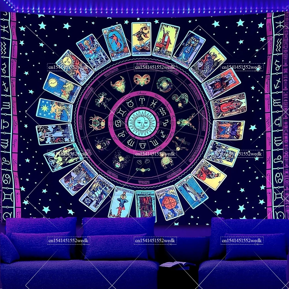Blacklight Zodiac Astrology Tapestry UV Reactive Star Constellation Glow In The Dark Tapestry Aesthetic Neon Tarot Tapestries