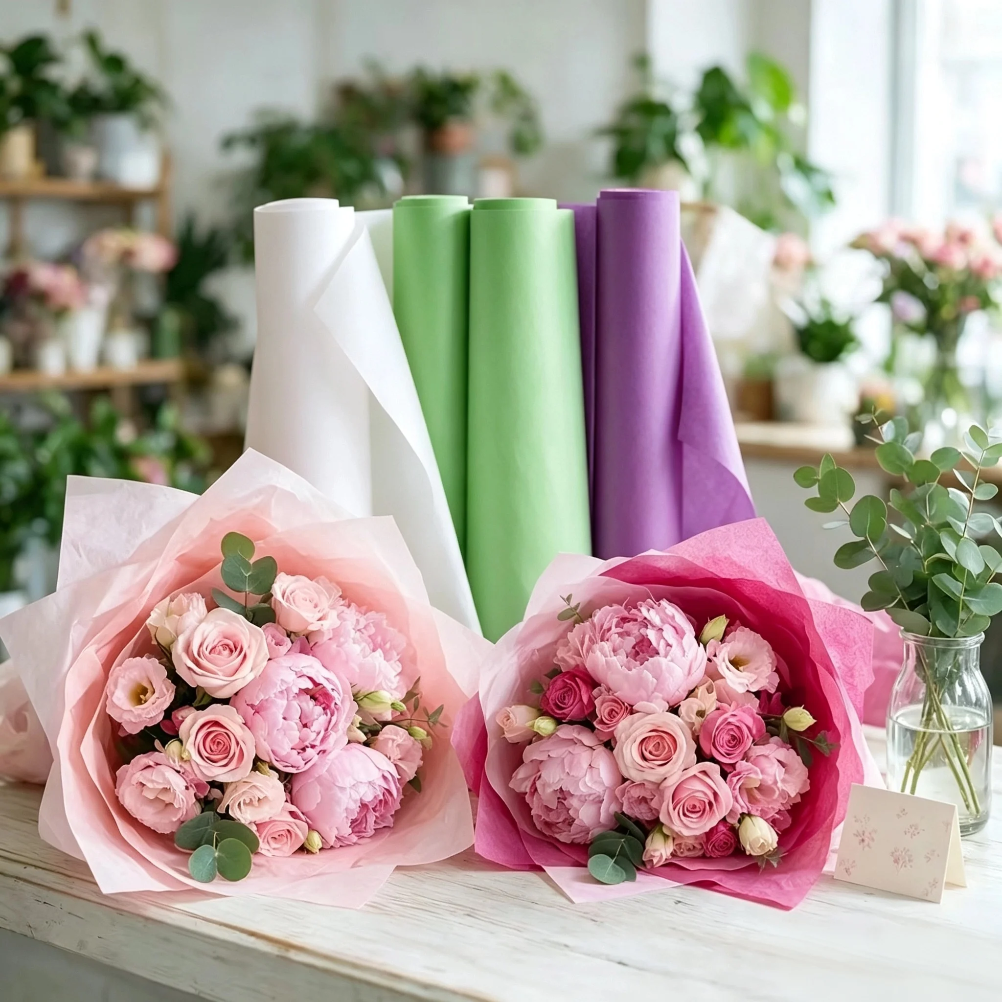 120 Sheets Lavender White Light Green Milk Lining Wrapping Paper, 11.8*11.8 Inch 3 Colors Gift Packing Paper, for Flower Bouquet