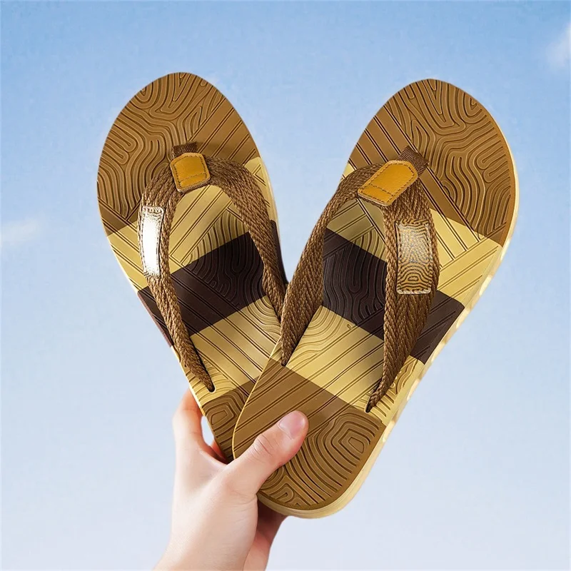 Men Plaid Woven Flip Flops, Multi-texture Light Soft Sole, Indoor Outdoor Beach Casual Sandals