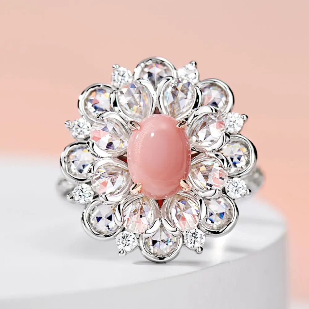 SONGYUN High Carbon Gemstones JewelryS925 Sterling Silver Oval Natural Conch Pearl Firework Ring, Niche Design Simulated Diamond