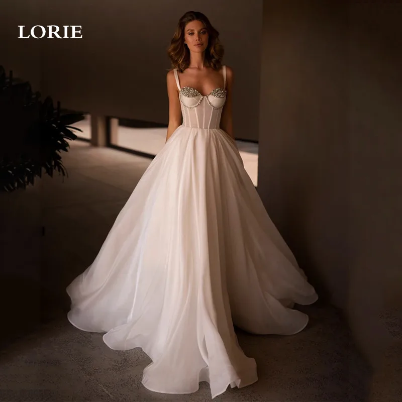 LORIE Organza Spaghetti Straps Wedding Dresses A Line Sweetheart Corset Bridal Gowns Beading Crystal Wedding Party Gowns 2023