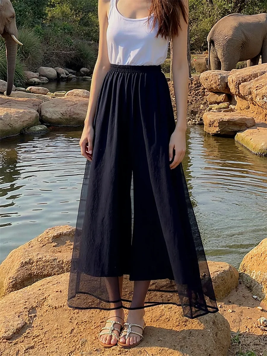 

Chiffon Wide Leg Elastic Waist Pants Woman 2025 Summer Women Fall Vintage Boyfriend Lounge Evening Retro Draped Silhouette Urban