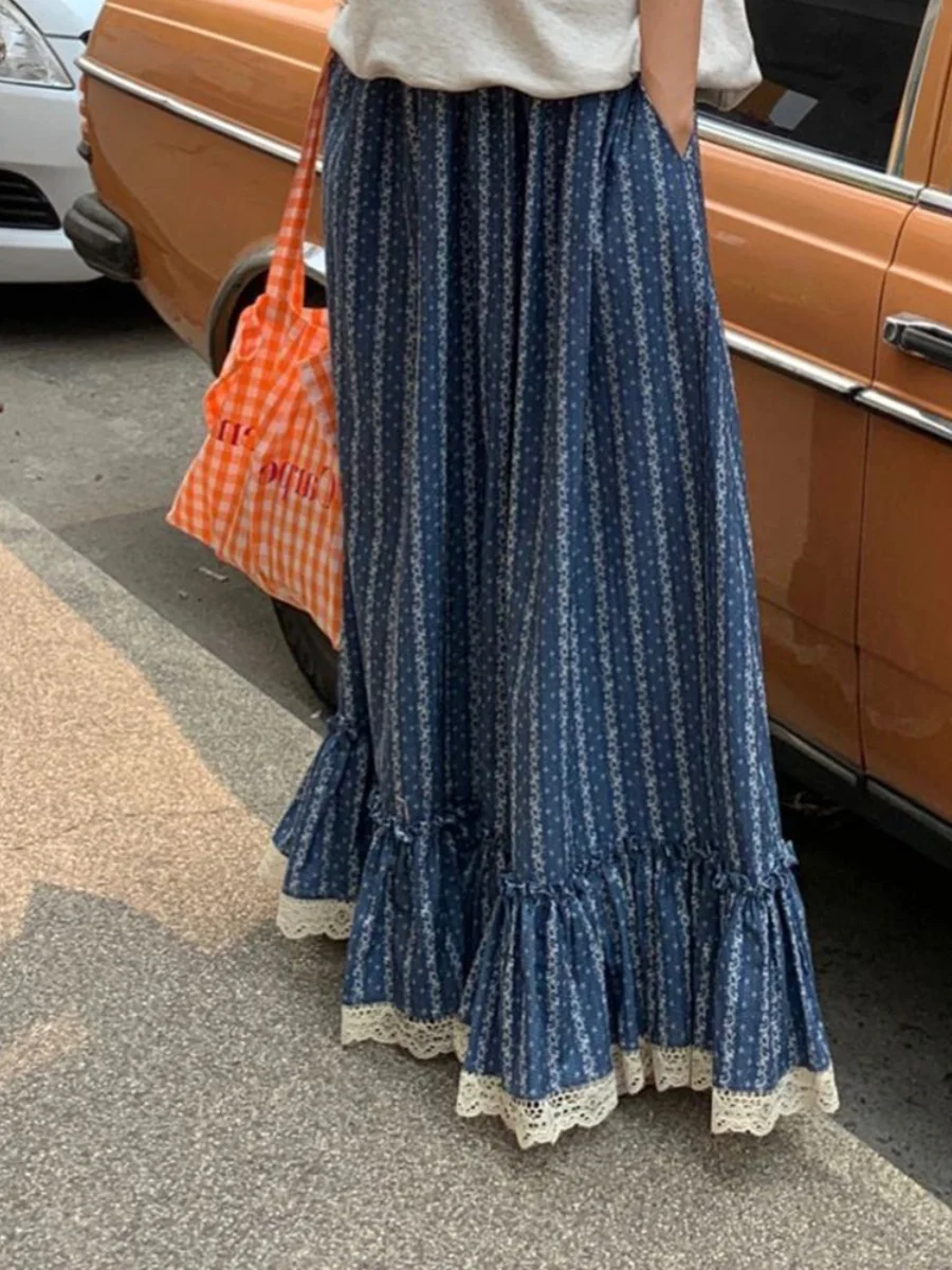 Blue Striped A-Line  Skirt High Waist Slimming Summer New Style for Pear Shaped Women City Walk Batwing Type PVC Fabric