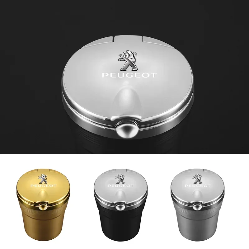 High-end Car Ashtray LED Ligh Portable Ashtray with Peugeot logo For Peugeot 2008 3008 2014~2021 II III T7 T9 Car Accessories