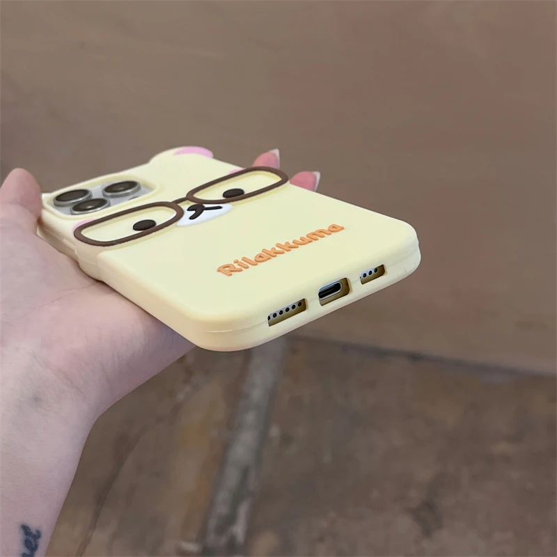 جديد Rilakkuma Bear Wear Glasses جراب هاتف آيفون 16 برو ماكس 15 14 زائد 13 12 برو ماكس لطيف ثلاثية الأبعاد الكرتون لينة غطاء سيليكون
