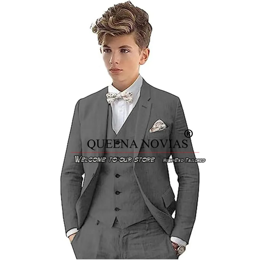 Único Breasted Tailored Smoking de linho para crianças, ternos, colete e calças de casamento, smoking verde, verão, 3 pcs