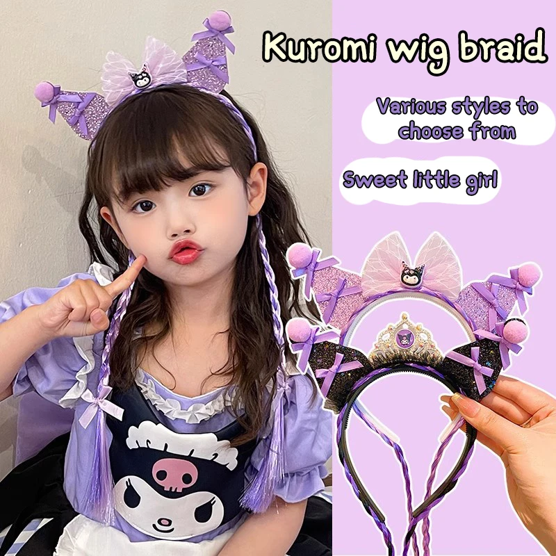 Sanrio Anime Hello Kitty Kuromi Hair Accessories Hand-made Lolita Girls Kuromi Ear Headband Children's Lolita Bow Hair Clip